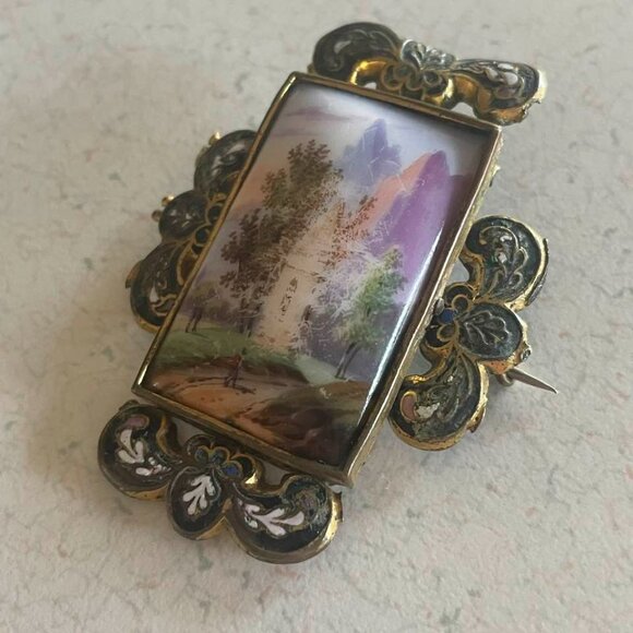 Victorian Hand Painted French Champleve Impressionist Porcelain Brooch c.1880 - Picture 3 of 12